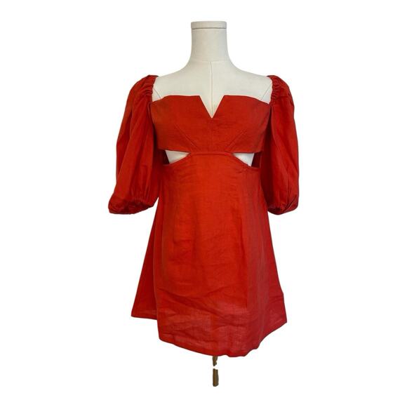 NWT Revolve x Rumer Freya Mini Linen Puff Sleeve Dress Red Size Medium - Picture 1 of 7